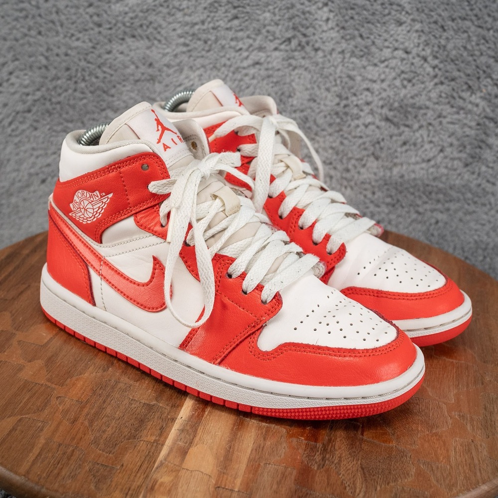 Nike Air Jordan 1 Mid White-Habanero Red-White Womens Sz 6 [BQ6472-116]